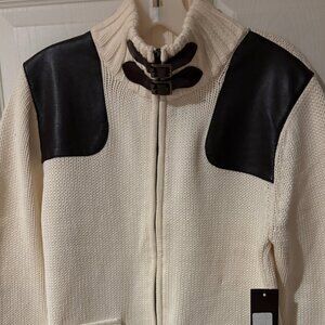 NWT 525 America Zip Front Cotton Cardigan With Leather Buckle Details, Size L